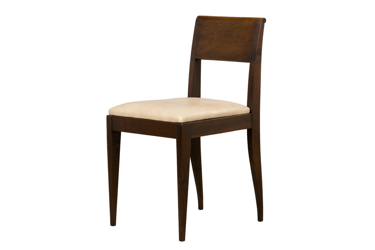 1930s French Art Deco Mahogany Side Chair W/ Cream Leather