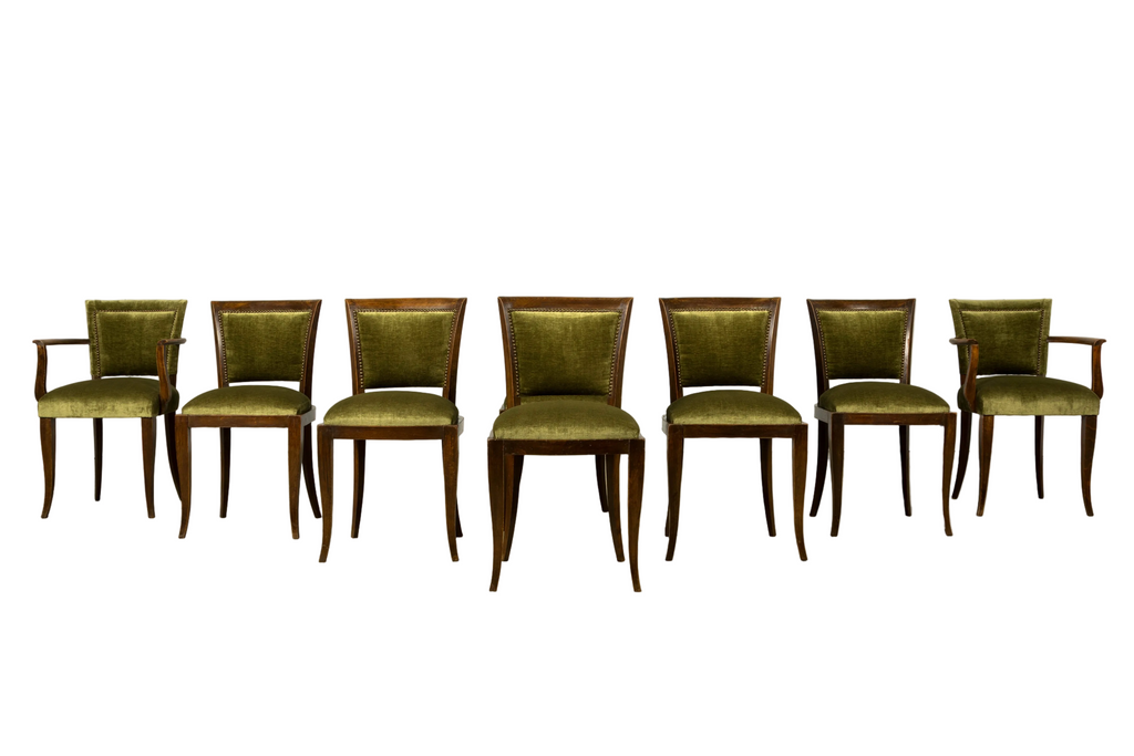 Set of 8 1930s French Art Deco Maple Dining Chairs in Olive Green Velvet