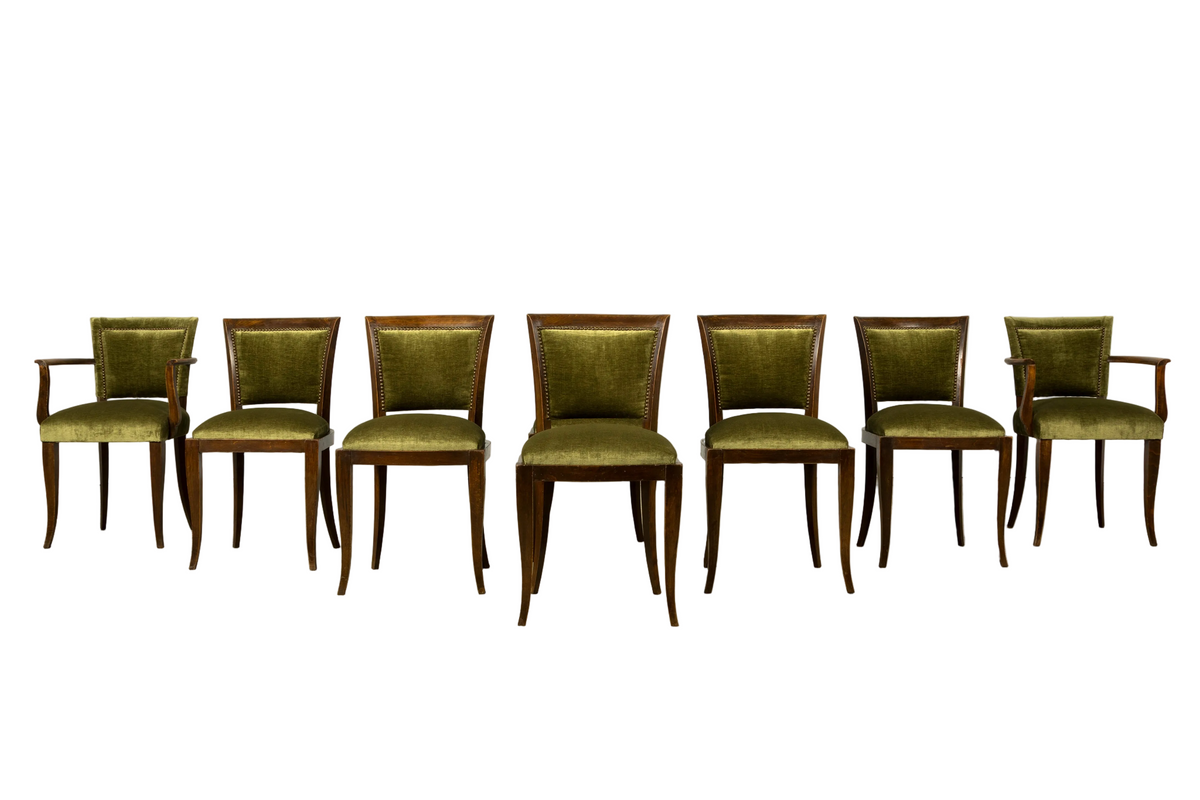 Set of 8 1930s French Art Deco Maple Dining Chairs in Olive Green Velvet