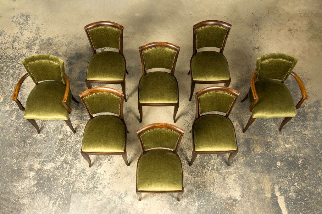 Set of 8 1930s French Art Deco Maple Dining Chairs in Olive Green Velvet