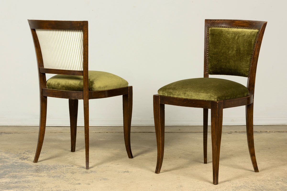Set of 8 1930s French Art Deco Maple Dining Chairs in Olive Green Velvet