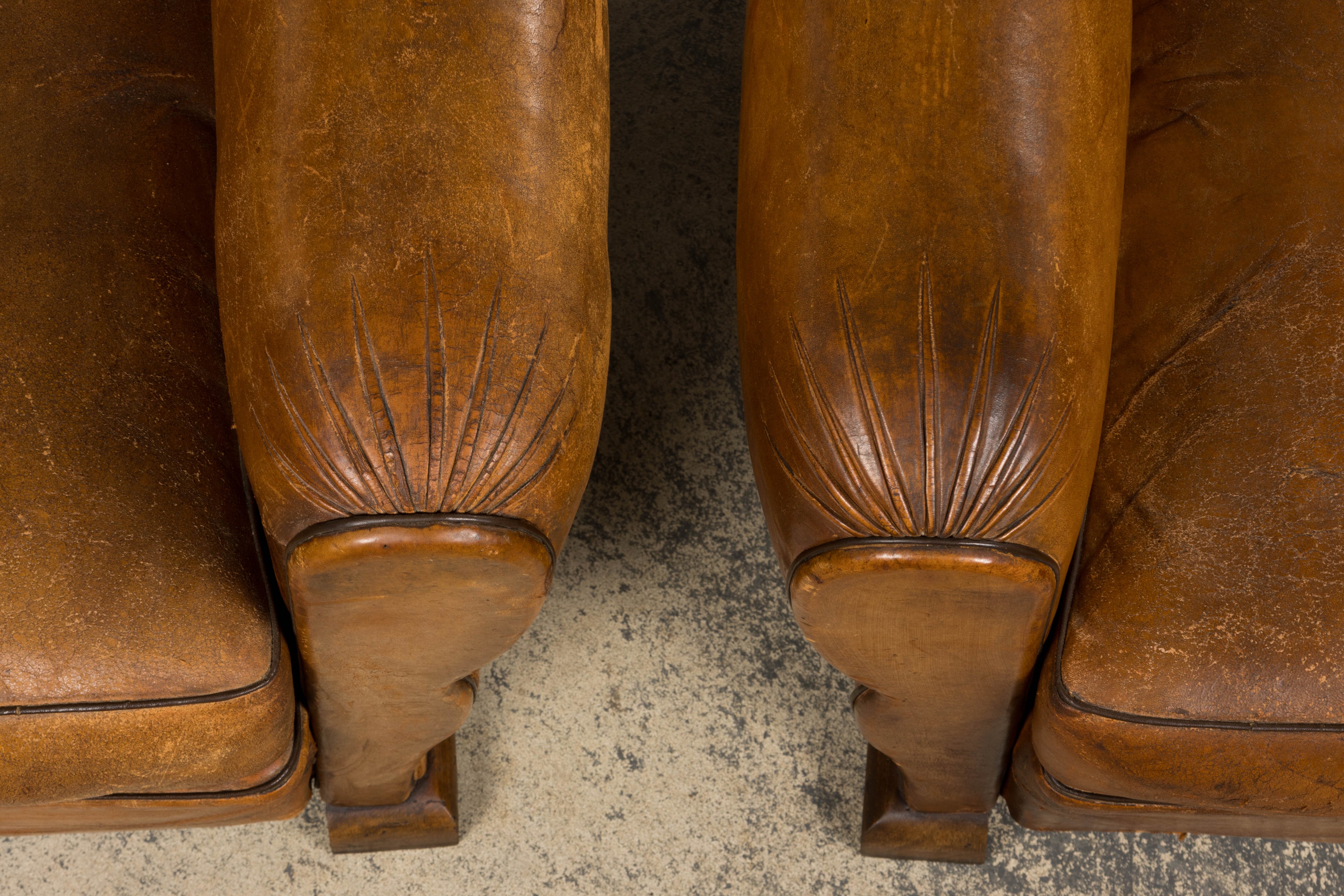 ON HOLD 1920s French Art Deco Scalloped Back Club Chairs in Caramel Leather – A Pair