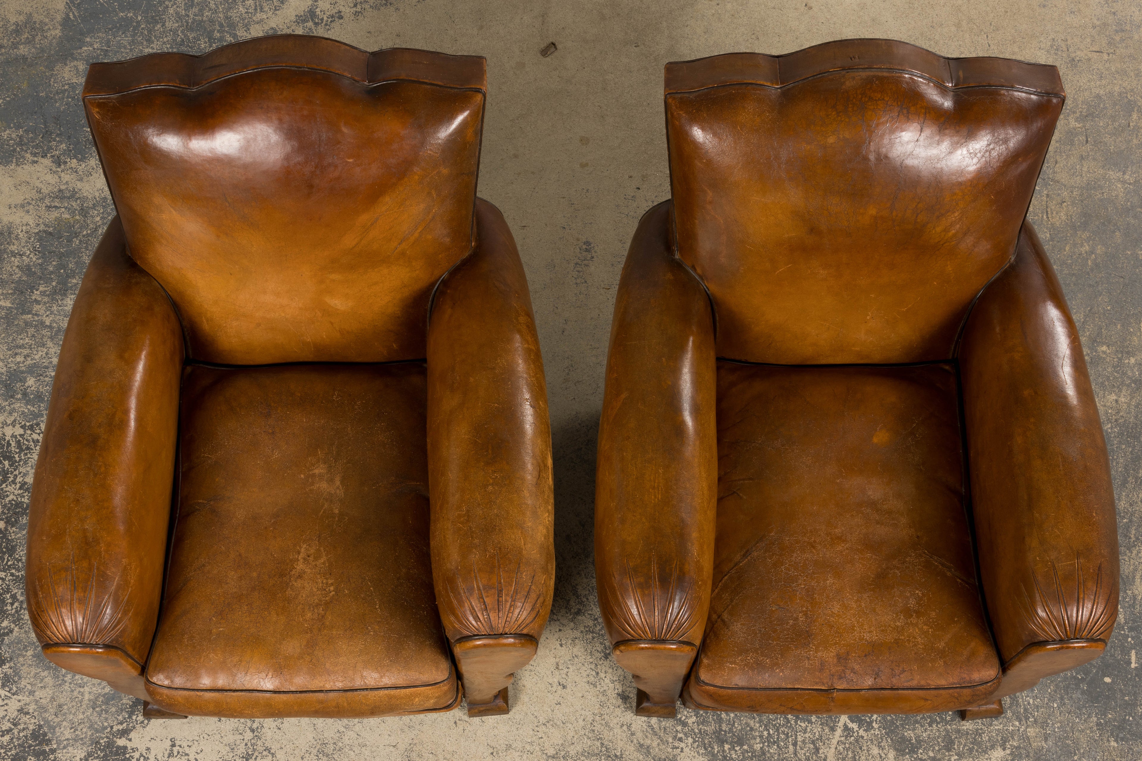 ON HOLD 1920s French Art Deco Scalloped Back Club Chairs in Caramel Leather – A Pair