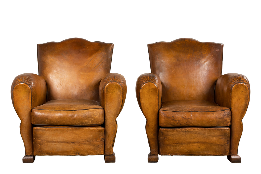 1920s French Art Deco Scalloped Back Club Chairs in Caramel Leather – A Pair