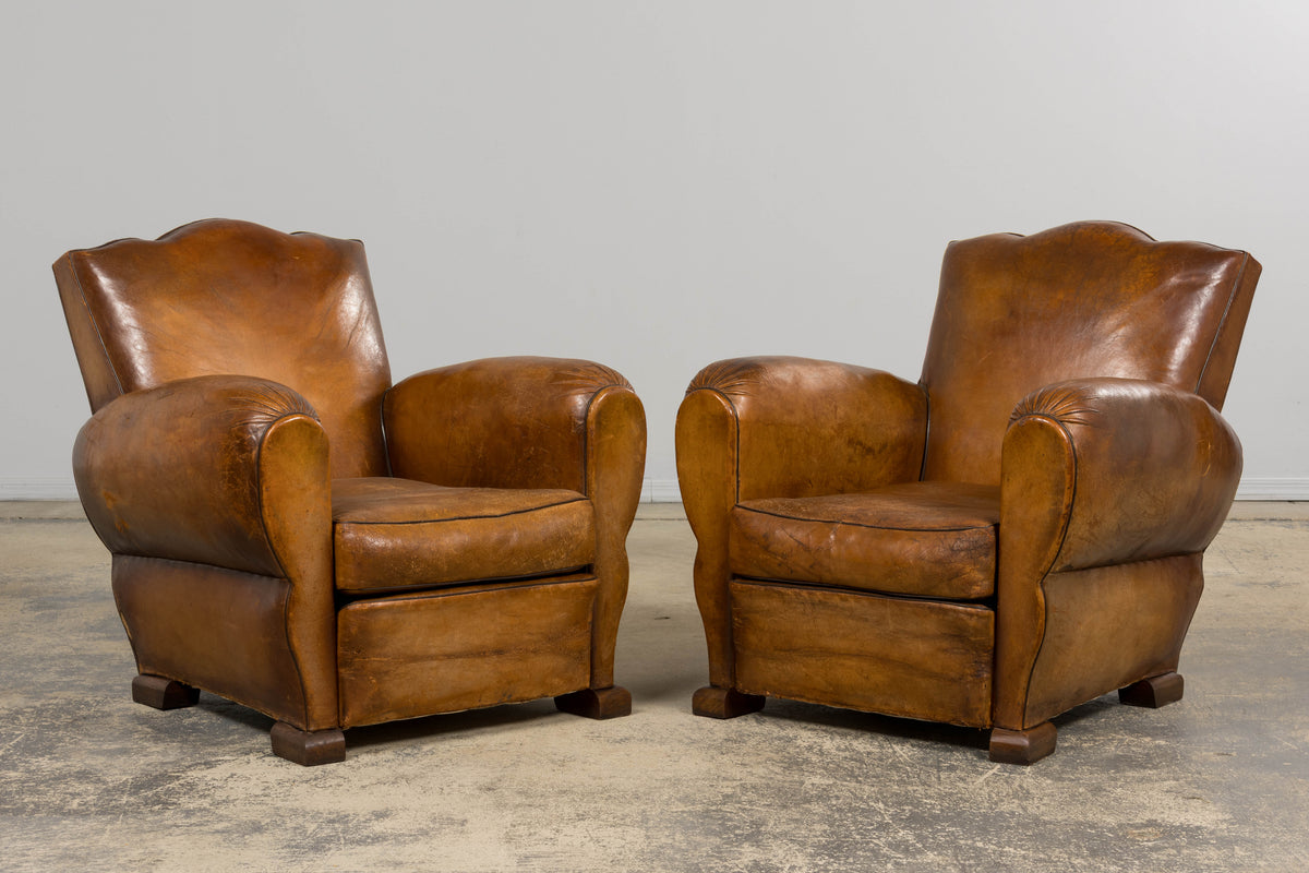 1920s French Art Deco Scalloped Back Club Chairs in Caramel Leather – A Pair