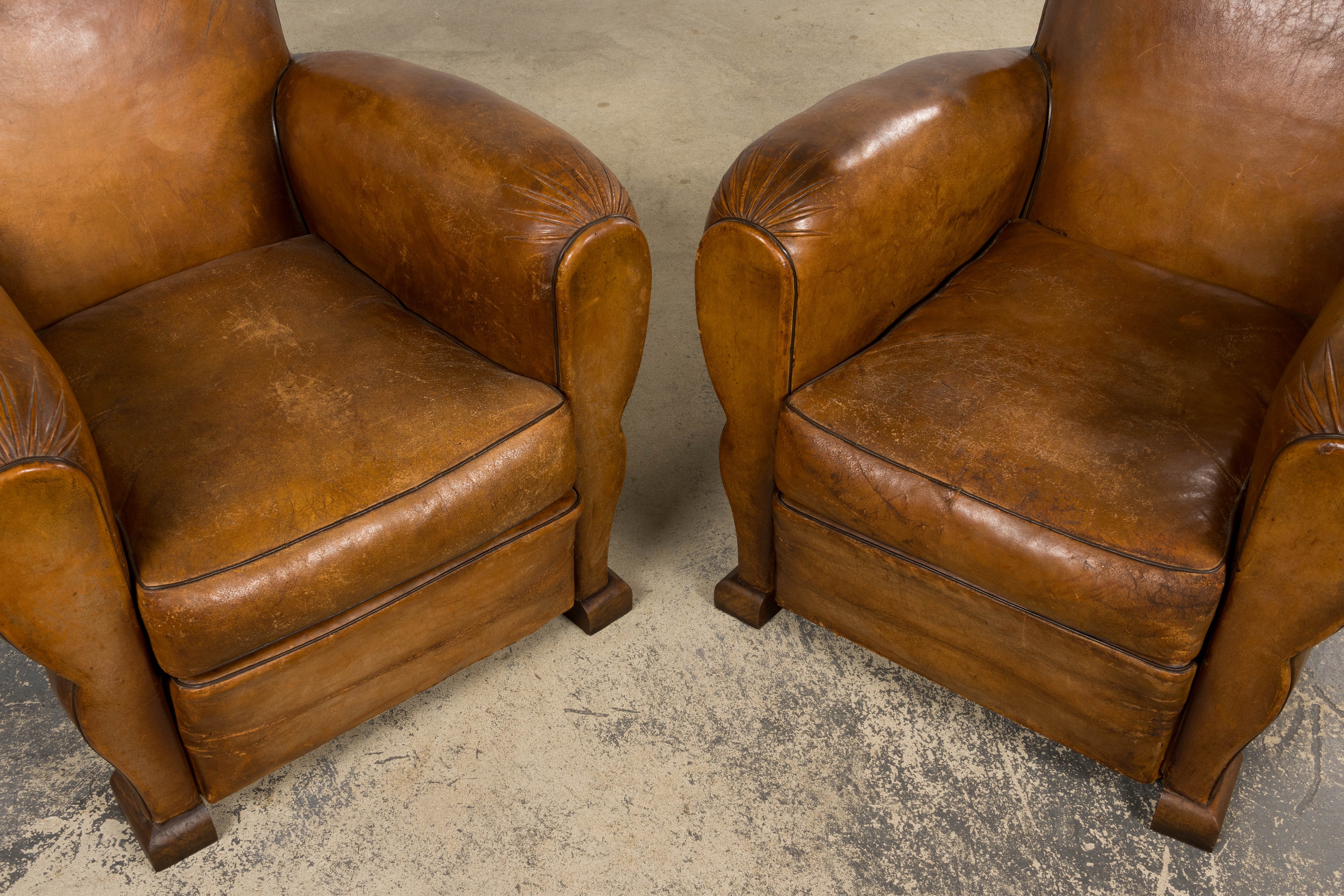 1920s French Art Deco Scalloped Back Club Chairs in Caramel Leather – A Pair