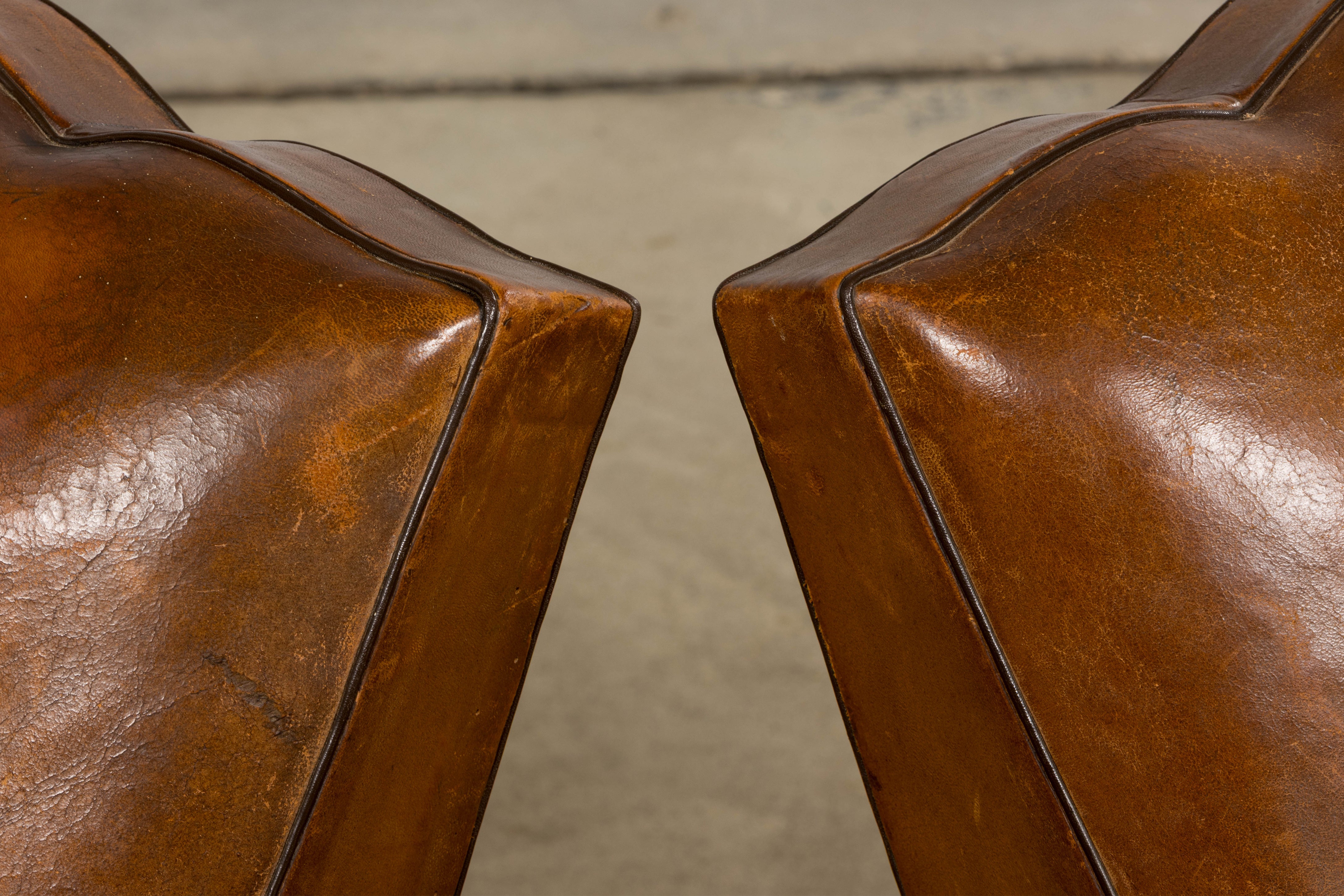 1920s French Art Deco Scalloped Back Club Chairs in Caramel Leather – A Pair