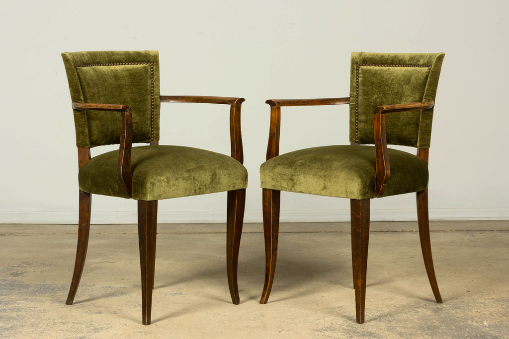 Set of 8 1930s French Art Deco Maple Dining Chairs in Olive Green Velvet