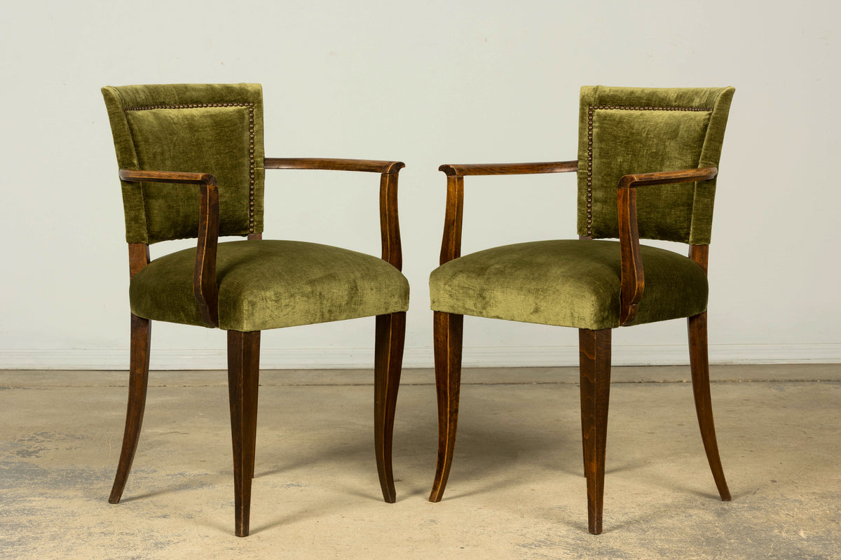 Set of 8 1930s French Art Deco Maple Dining Chairs in Olive Green Velvet