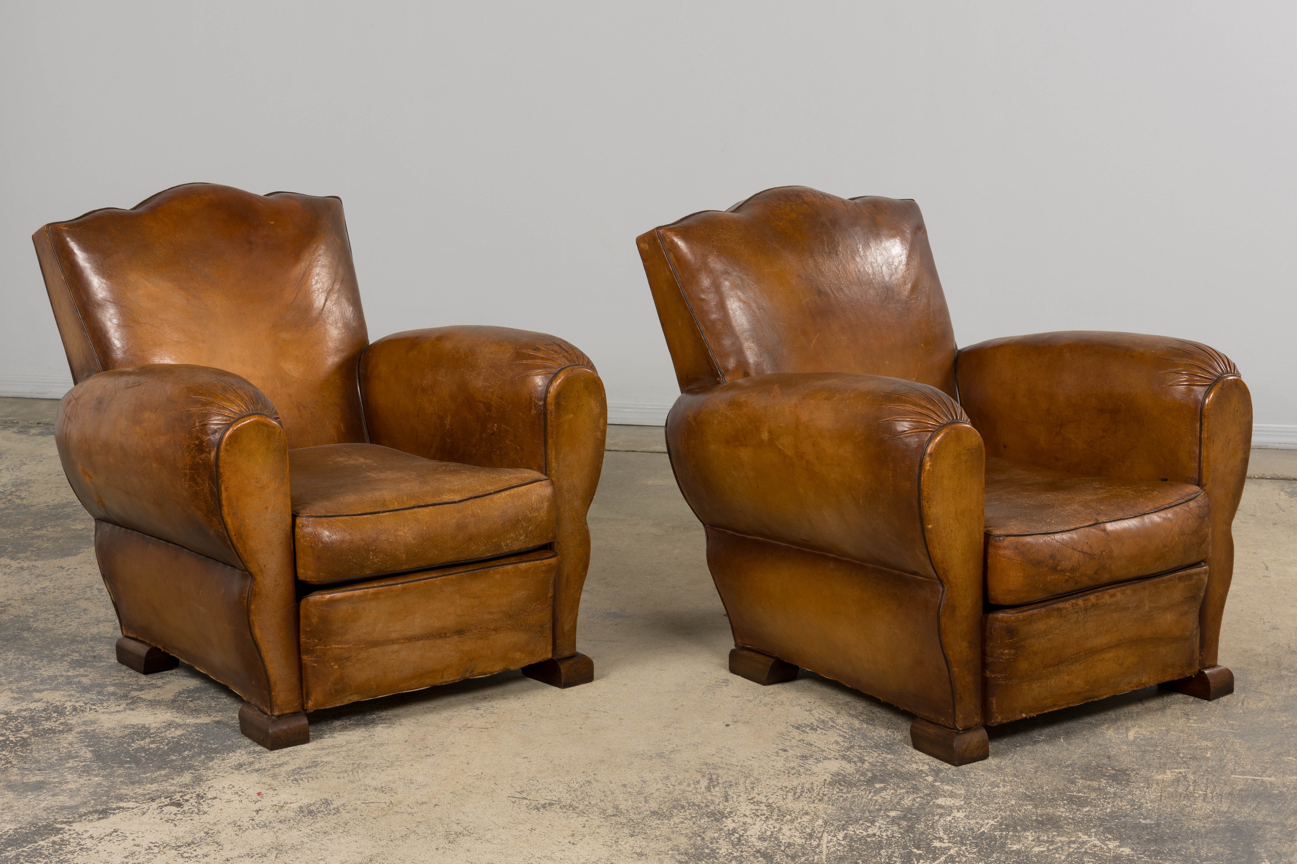1920s French Art Deco Scalloped Back Club Chairs in Caramel Leather – A Pair