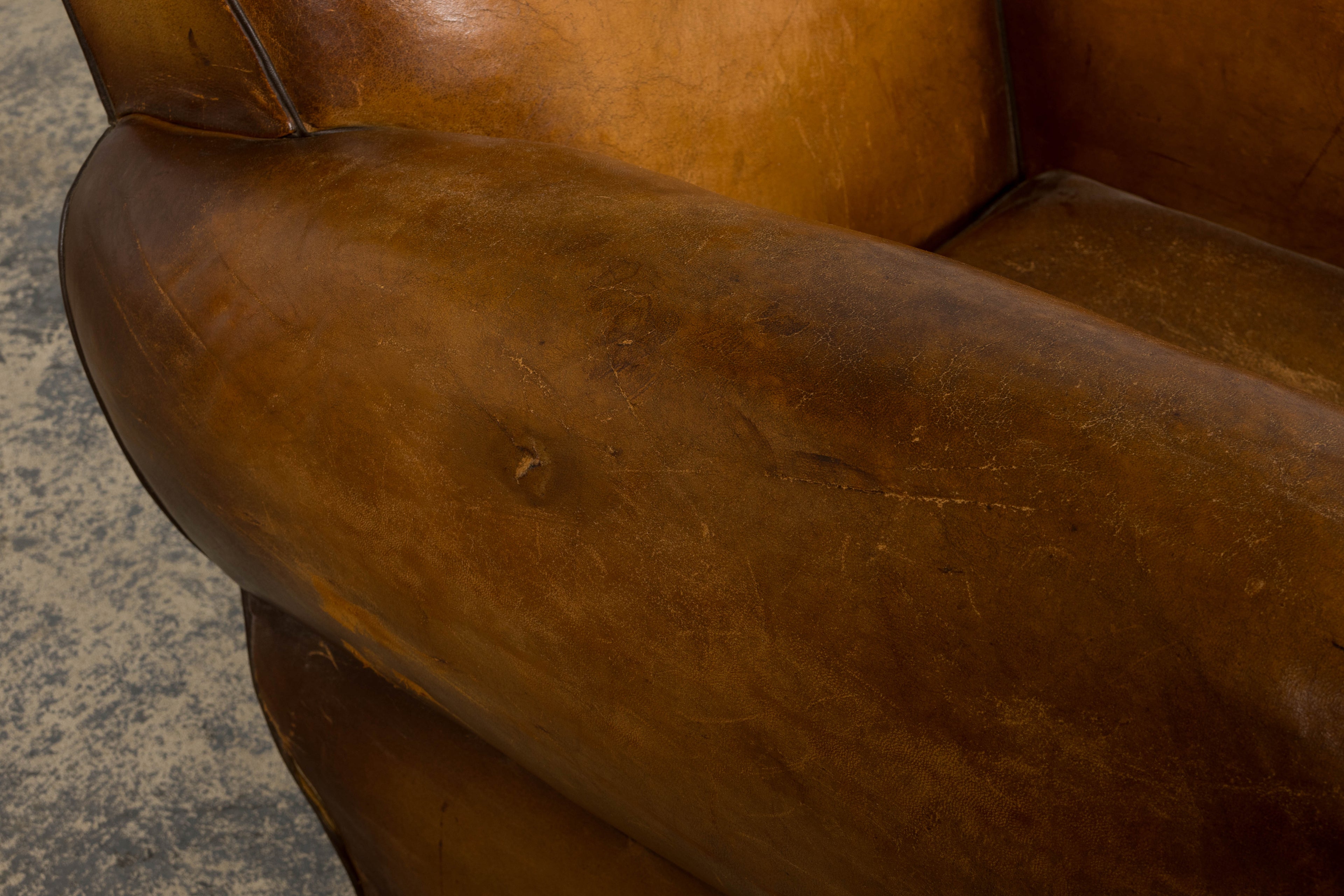 ON HOLD 1920s French Art Deco Scalloped Back Club Chairs in Caramel Leather – A Pair