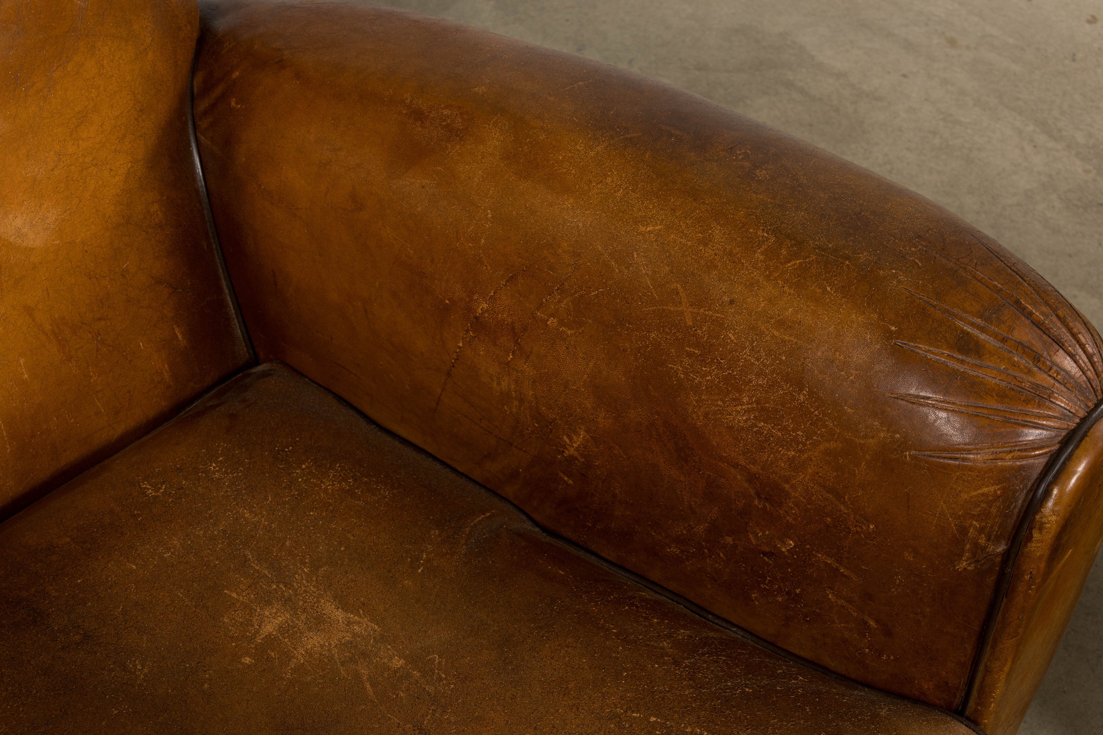 ON HOLD 1920s French Art Deco Scalloped Back Club Chairs in Caramel Leather – A Pair