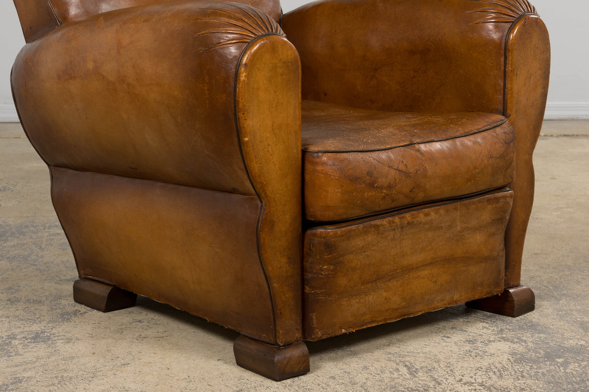 1920s French Art Deco Scalloped Back Club Chairs in Caramel Leather – A Pair