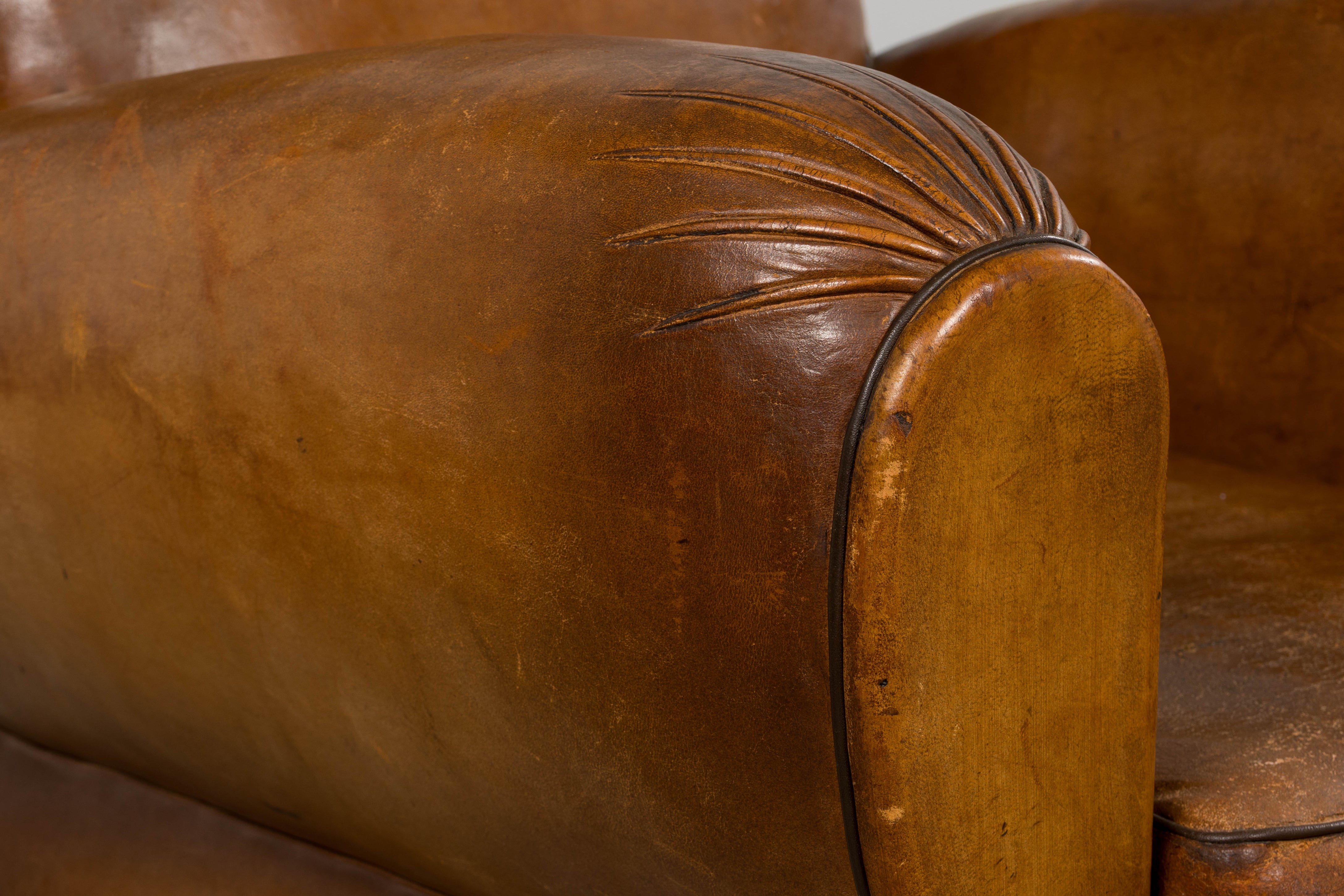 1920s French Art Deco Scalloped Back Club Chairs in Caramel Leather – A Pair