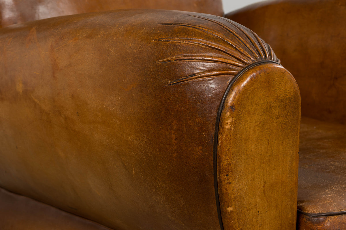 1920s French Art Deco Scalloped Back Club Chairs in Caramel Leather – A Pair