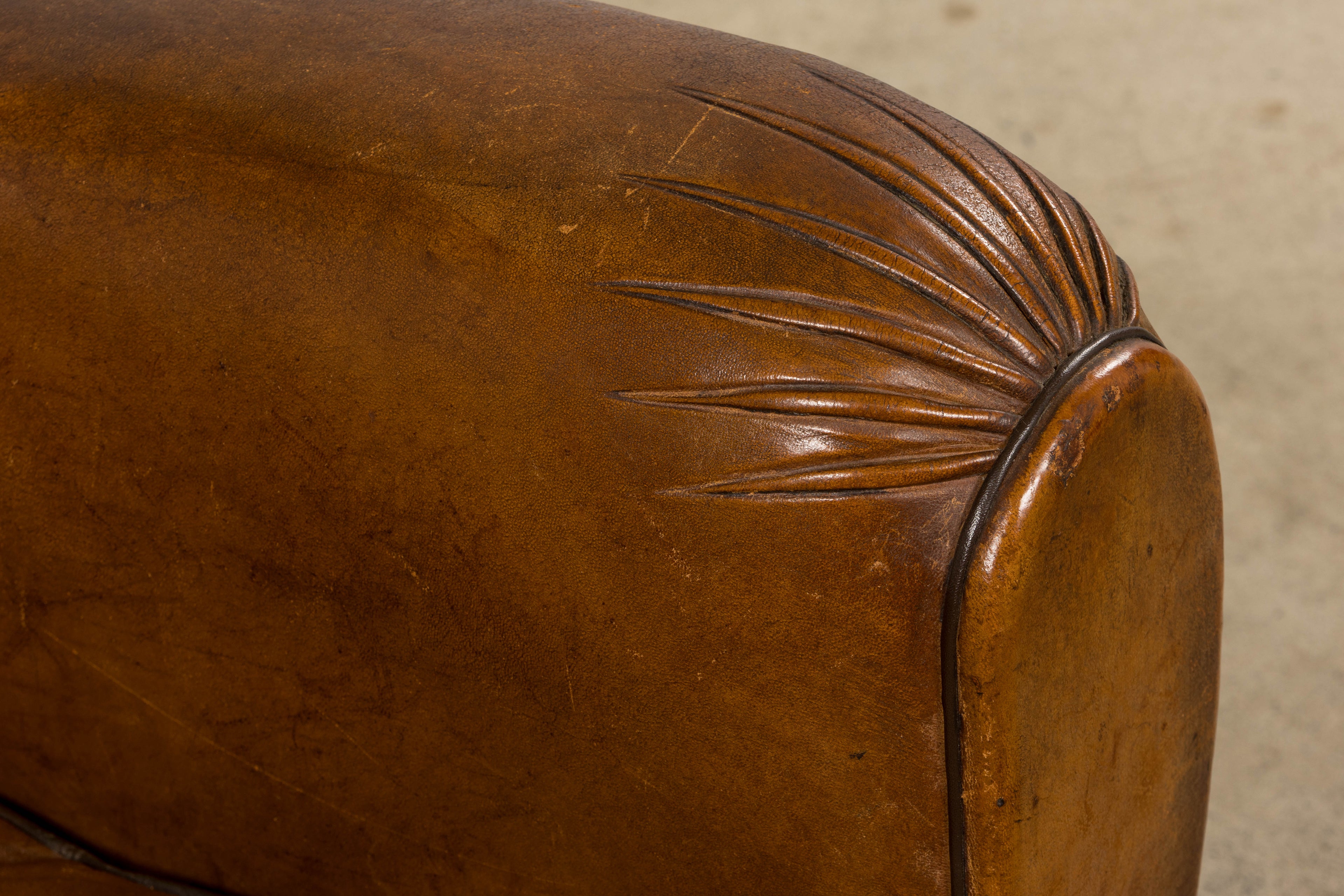 ON HOLD 1920s French Art Deco Scalloped Back Club Chairs in Caramel Leather – A Pair