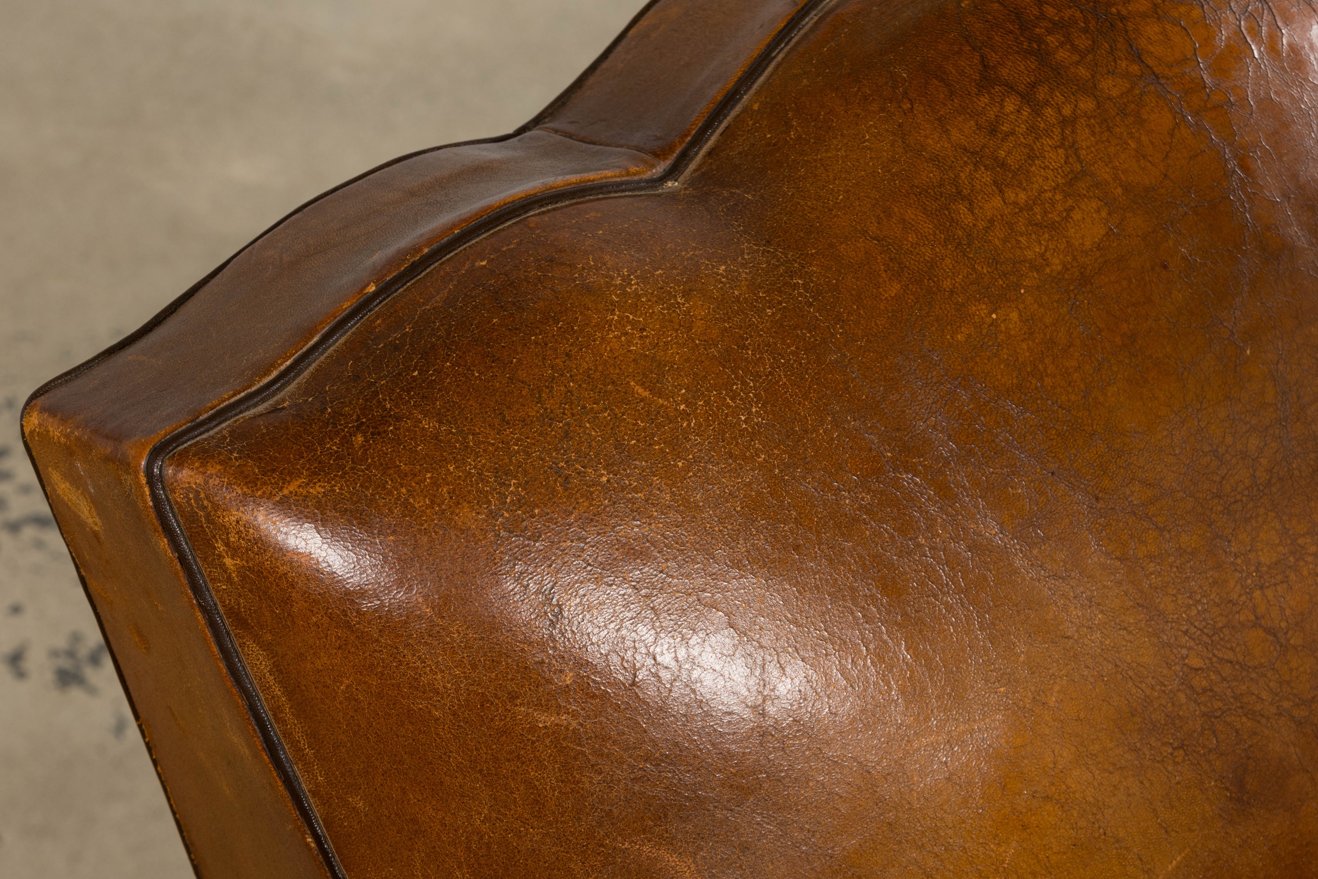 1920s French Art Deco Scalloped Back Club Chairs in Caramel Leather – A Pair