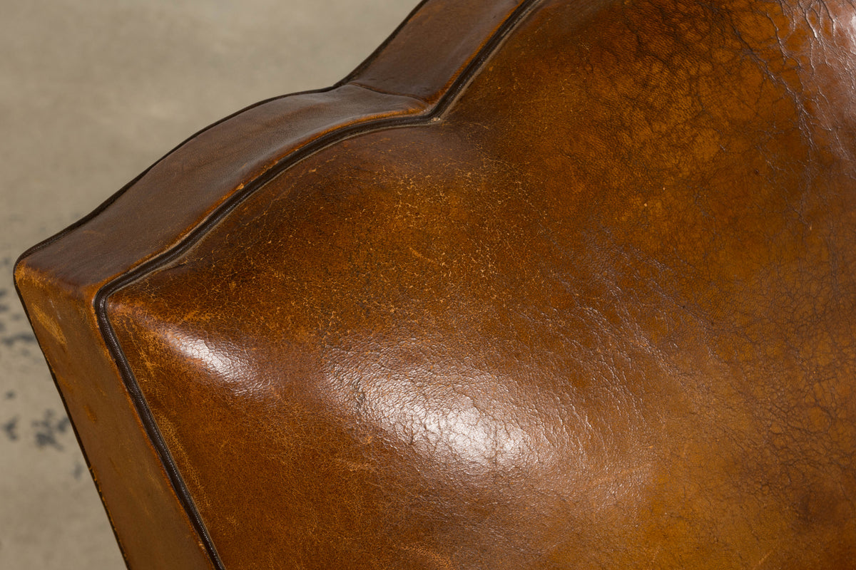 1920s French Art Deco Scalloped Back Club Chairs in Caramel Leather – A Pair