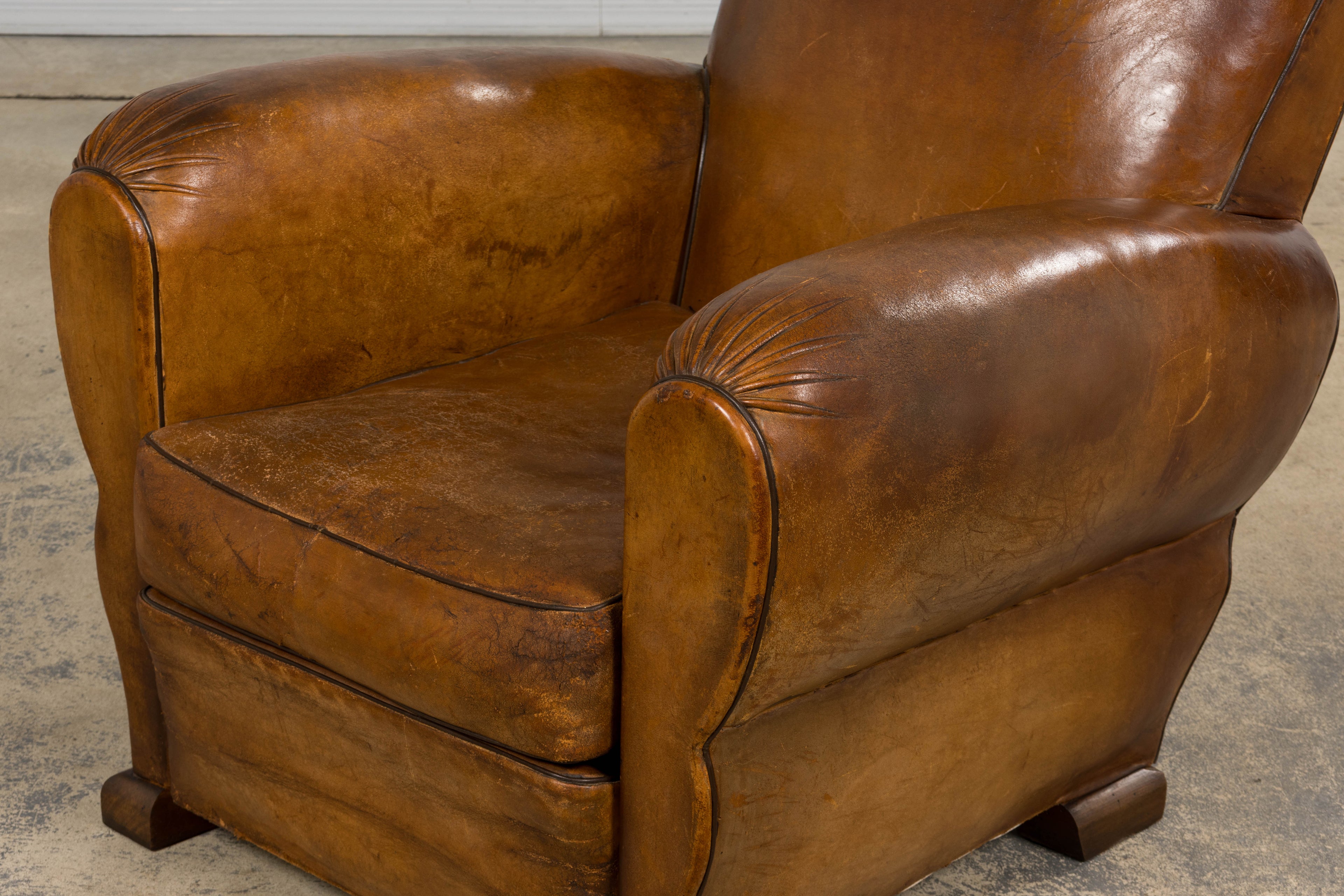ON HOLD 1920s French Art Deco Scalloped Back Club Chairs in Caramel Leather – A Pair