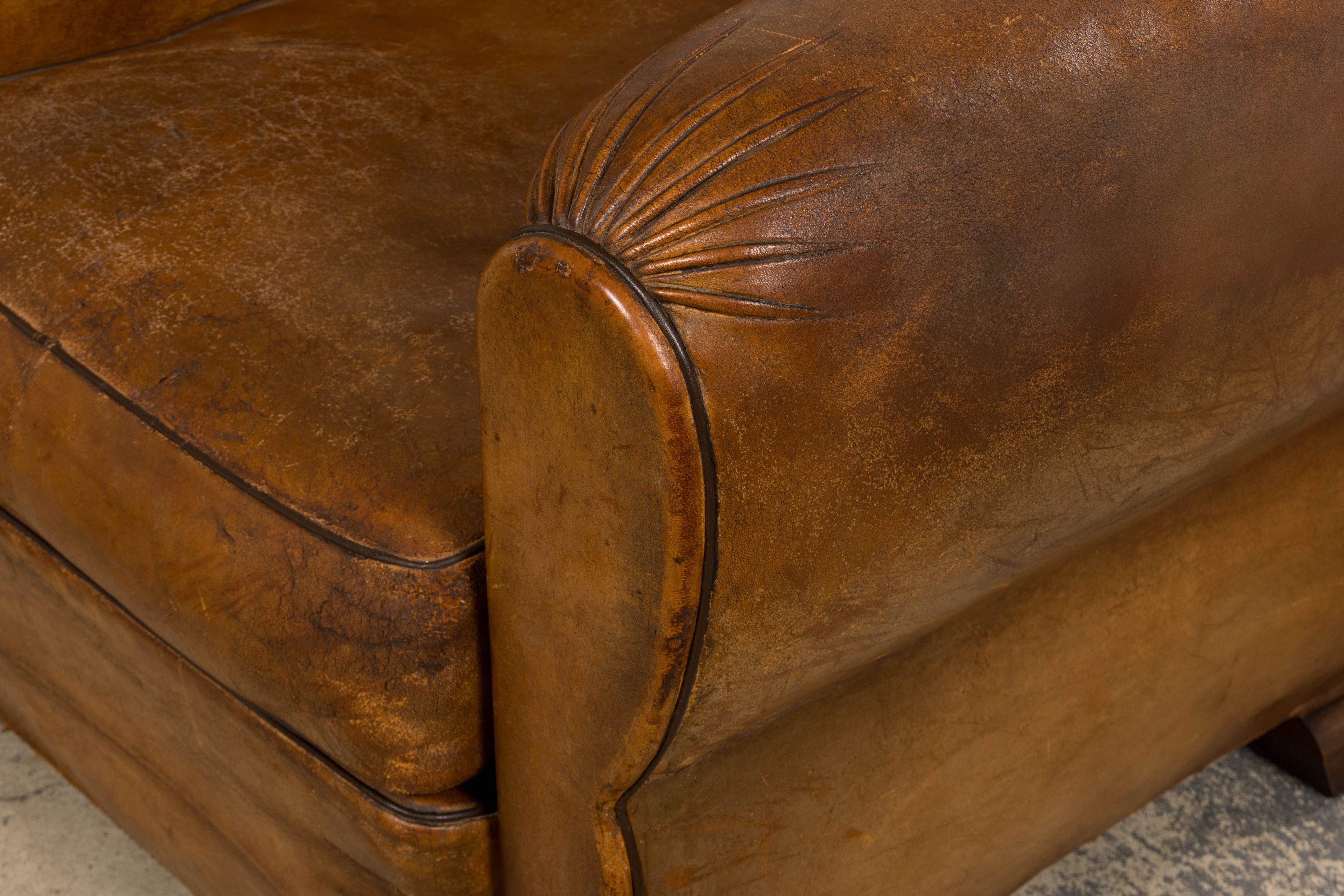 ON HOLD 1920s French Art Deco Scalloped Back Club Chairs in Caramel Leather – A Pair