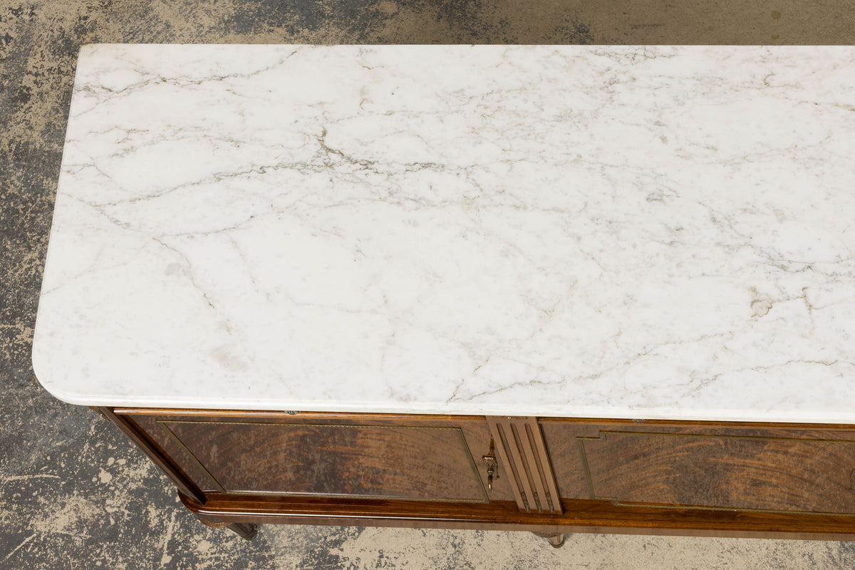 French Louis XVI Style Mahogany Sideboard Buffet W/ Carrara Marble