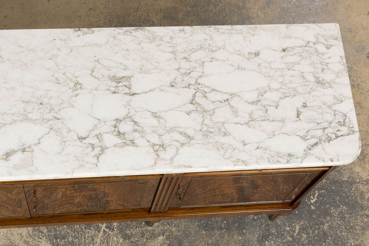 French Louis XVI Style Mahogany Sideboard Buffet W/ Carrara Marble