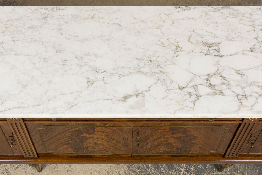 French Louis XVI Style Mahogany Sideboard Buffet W/ Carrara Marble