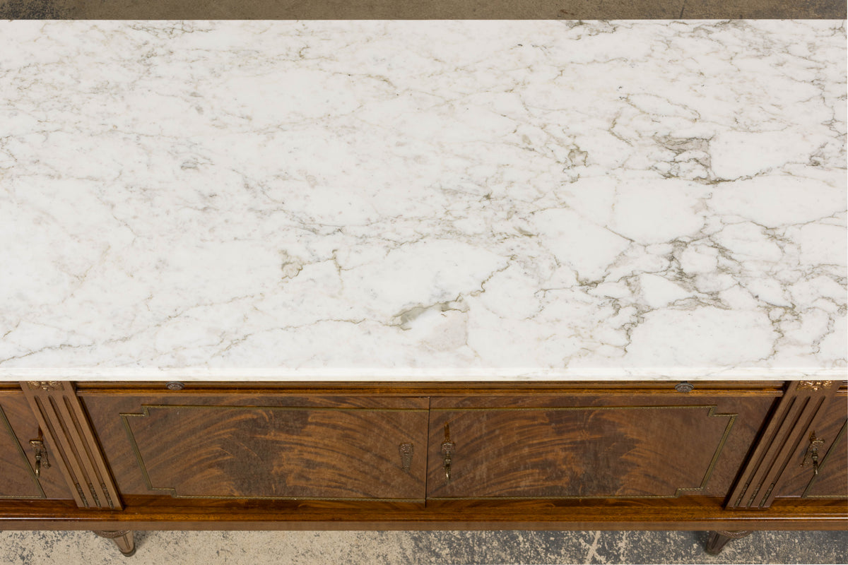 French Louis XVI Style Mahogany Sideboard Buffet W/ Carrara Marble