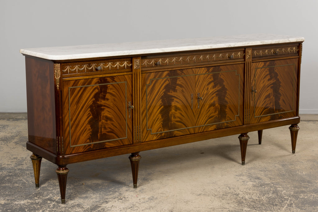 French Louis XVI Style Mahogany Sideboard Buffet W/ Carrara Marble