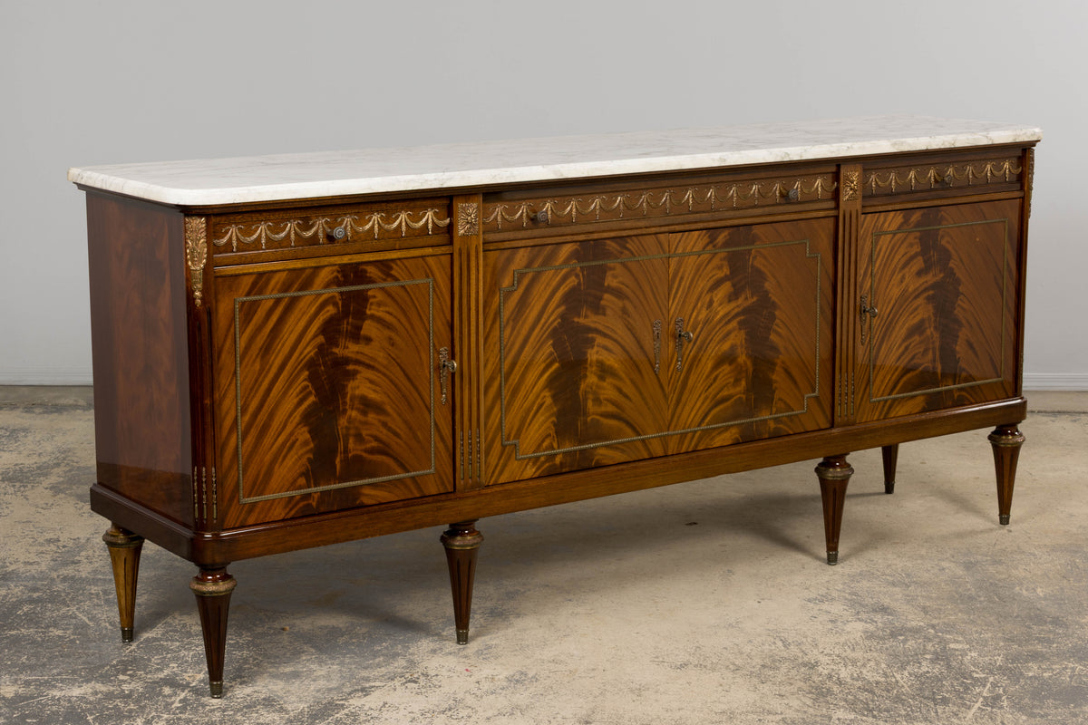 French Louis XVI Style Mahogany Sideboard Buffet W/ Carrara Marble