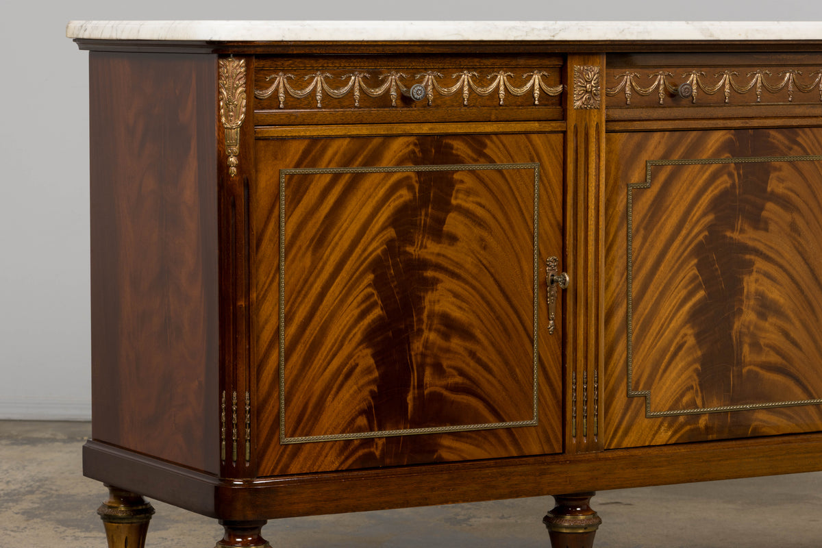 French Louis XVI Style Mahogany Sideboard Buffet W/ Carrara Marble