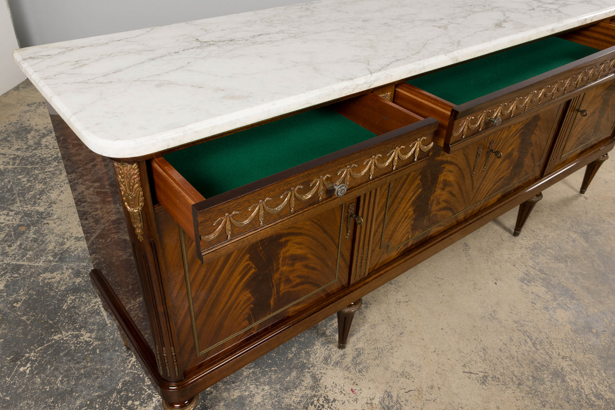 French Louis XVI Style Mahogany Sideboard Buffet W/ Carrara Marble