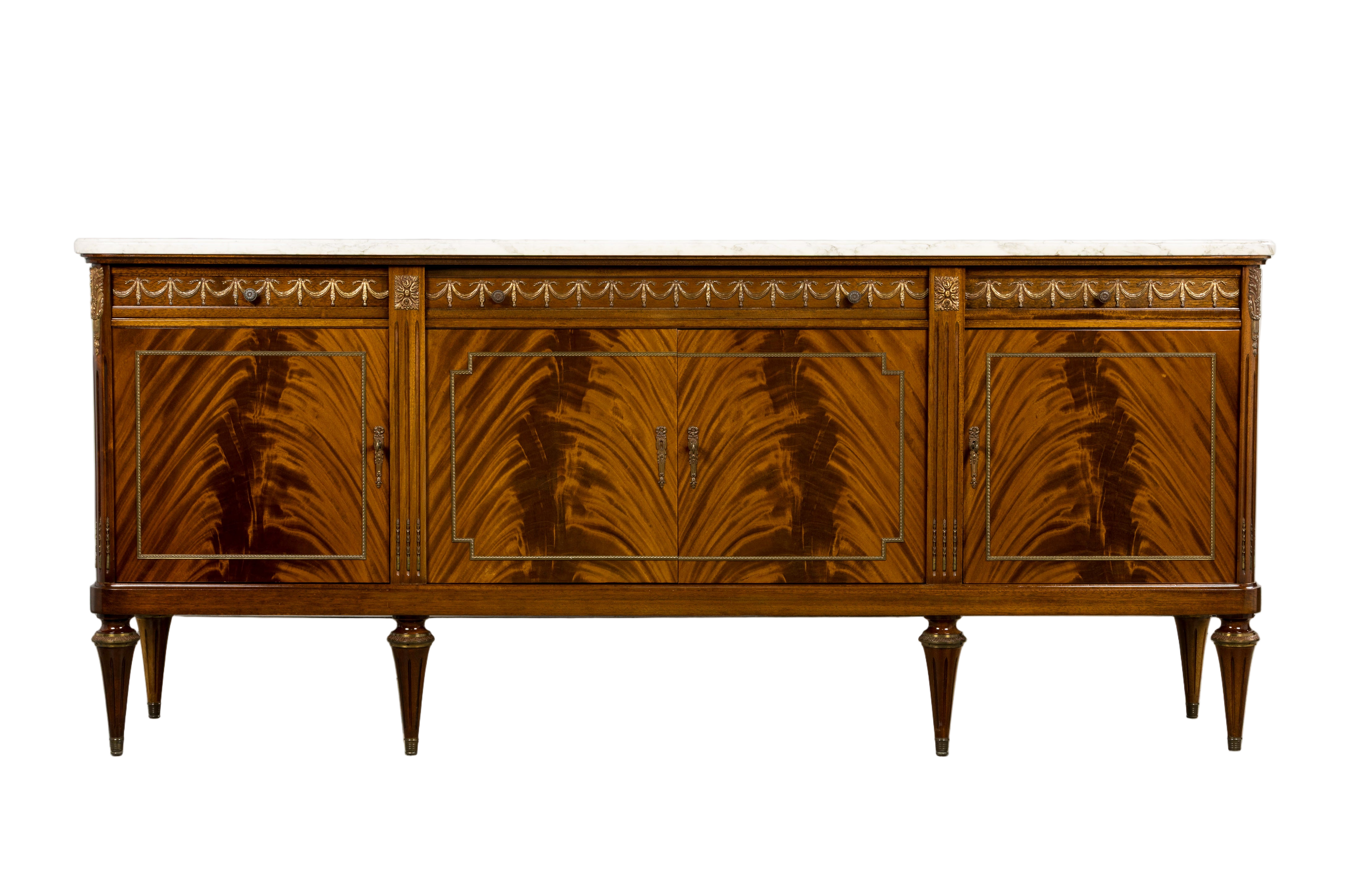 French Louis XVI Style Mahogany Sideboard Buffet W/ Carrara Marble