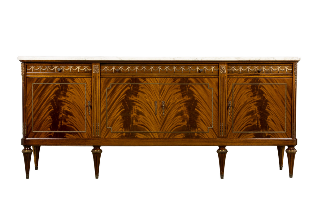 French Louis XVI Style Mahogany Sideboard Buffet W/ Carrara Marble