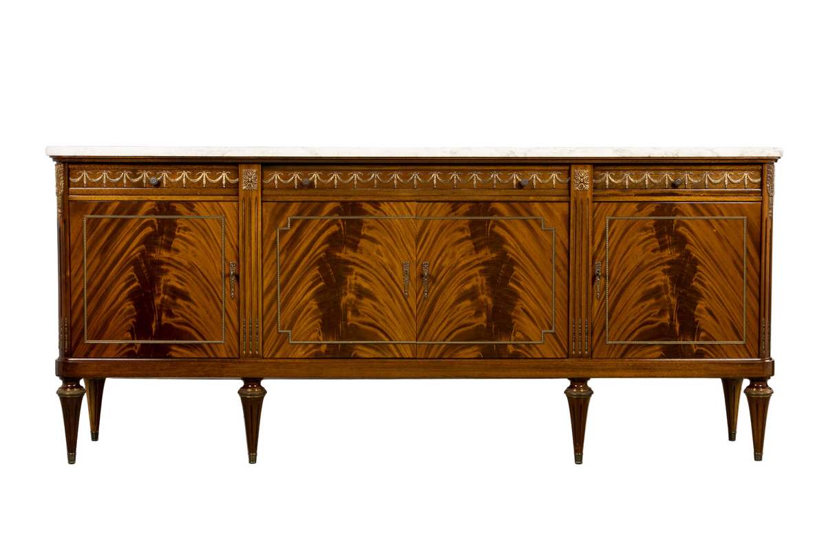 French Louis XVI Style Mahogany Sideboard Buffet W/ Carrara Marble