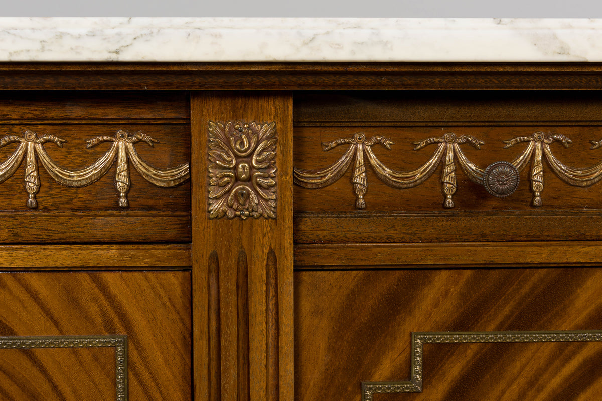 French Louis XVI Style Mahogany Sideboard Buffet W/ Carrara Marble