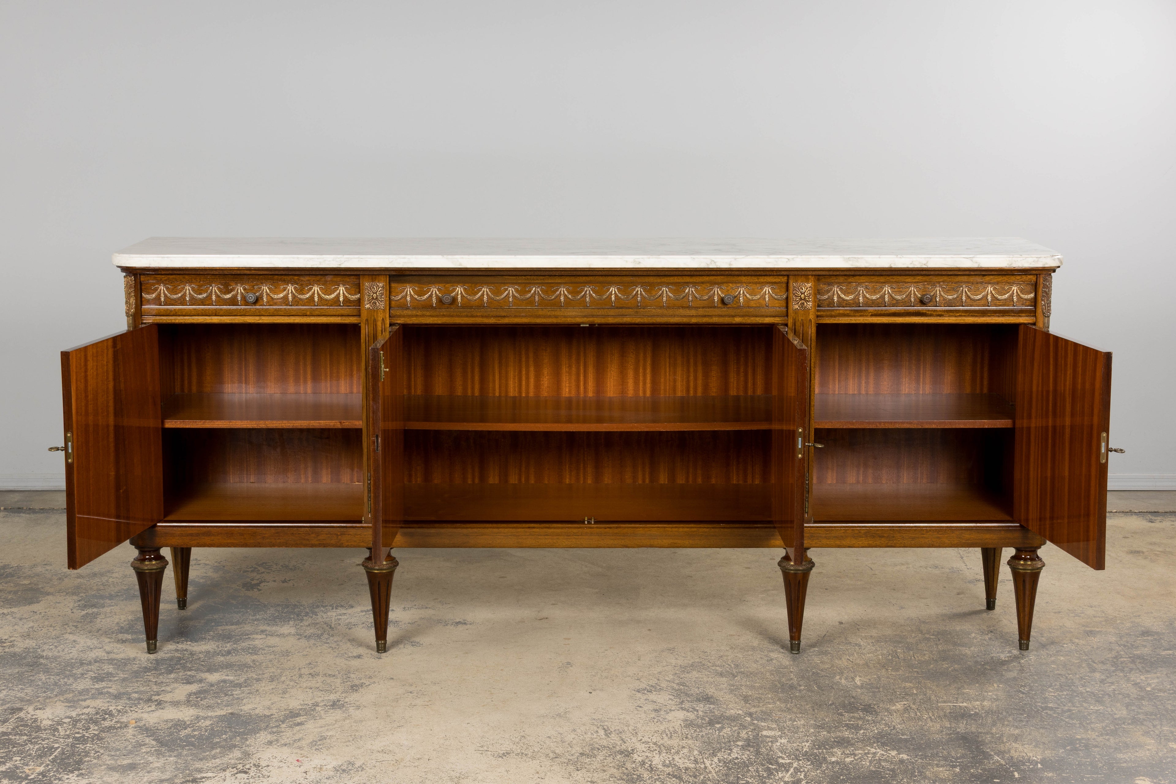French Louis XVI Style Mahogany Sideboard Buffet W/ Carrara Marble