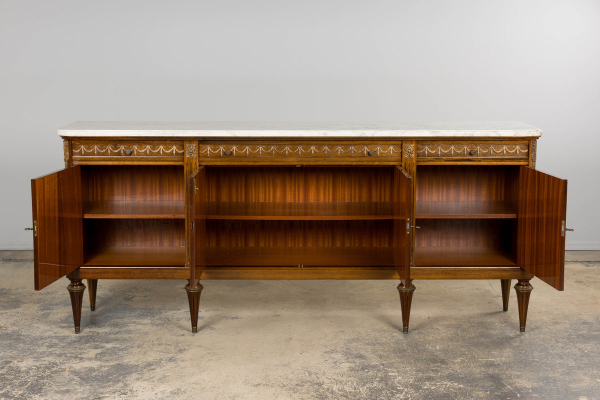 French Louis XVI Style Mahogany Sideboard Buffet W/ Carrara Marble