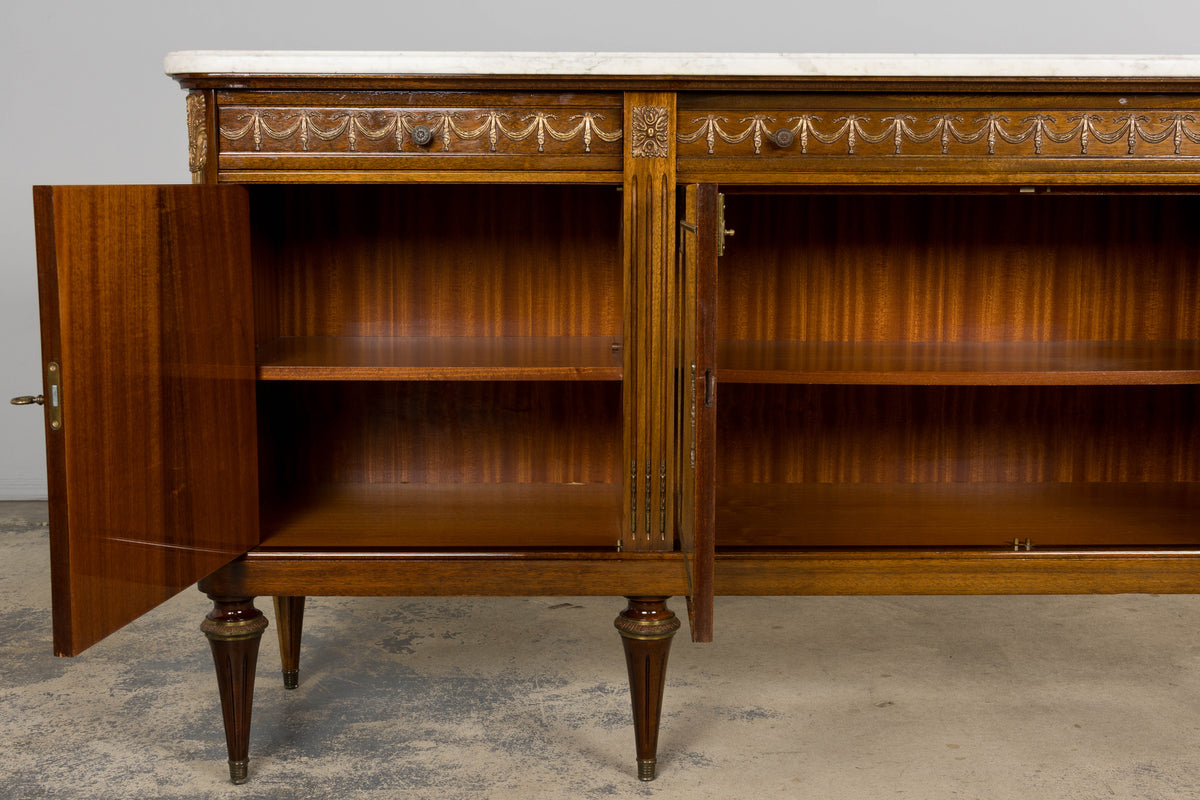 French Louis XVI Style Mahogany Sideboard Buffet W/ Carrara Marble