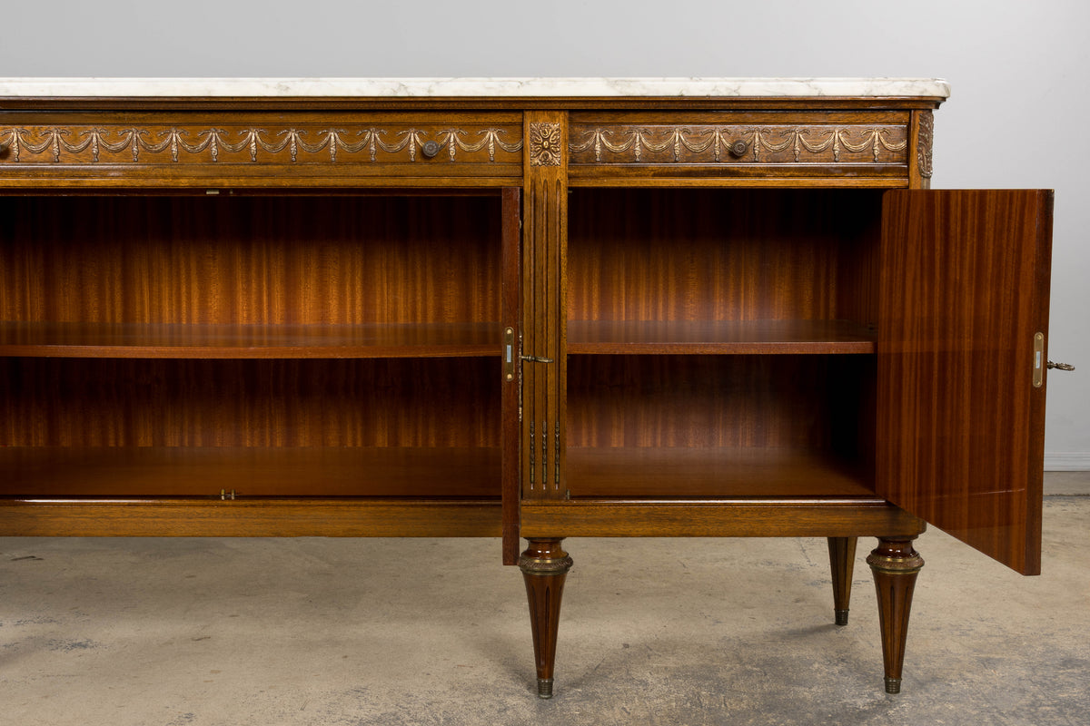 French Louis XVI Style Mahogany Sideboard Buffet W/ Carrara Marble