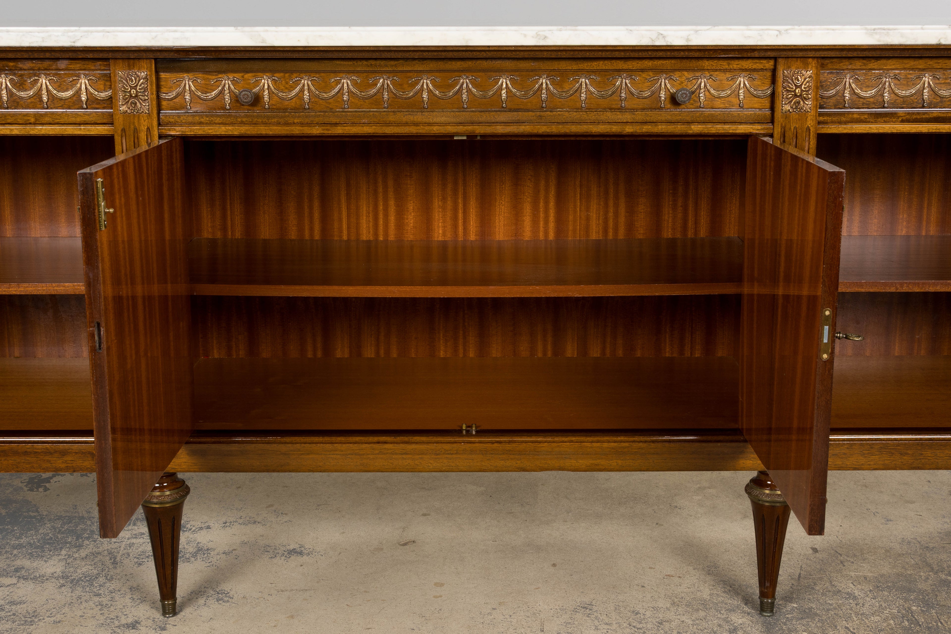 French Louis XVI Style Mahogany Sideboard Buffet W/ Carrara Marble