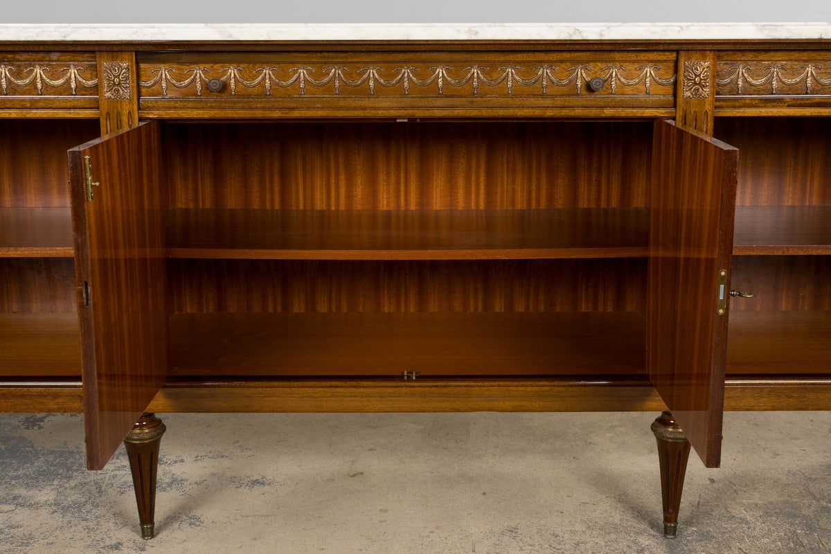 French Louis XVI Style Mahogany Sideboard Buffet W/ Carrara Marble
