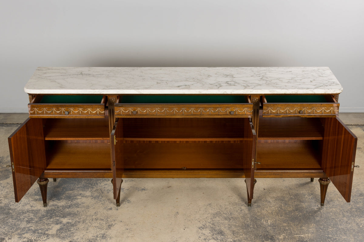 French Louis XVI Style Mahogany Sideboard Buffet W/ Carrara Marble