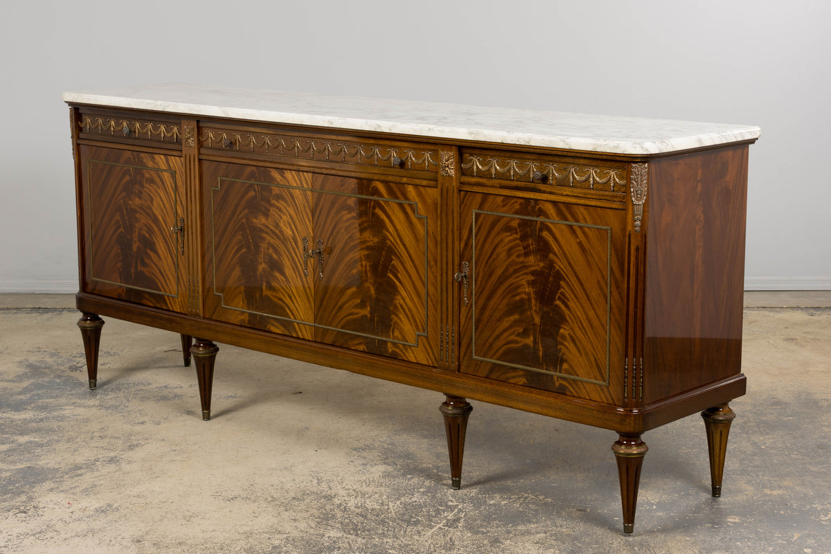 French Louis XVI Style Mahogany Sideboard Buffet W/ Carrara Marble