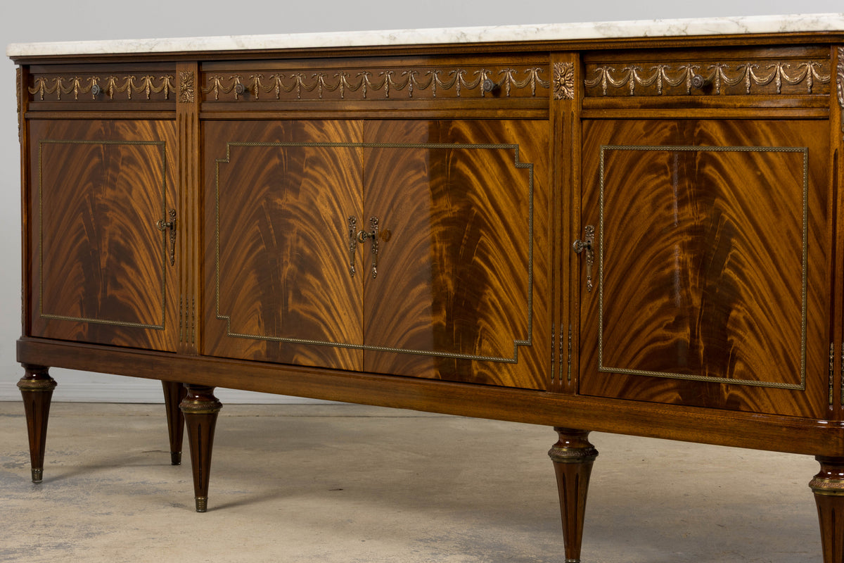 French Louis XVI Style Mahogany Sideboard Buffet W/ Carrara Marble
