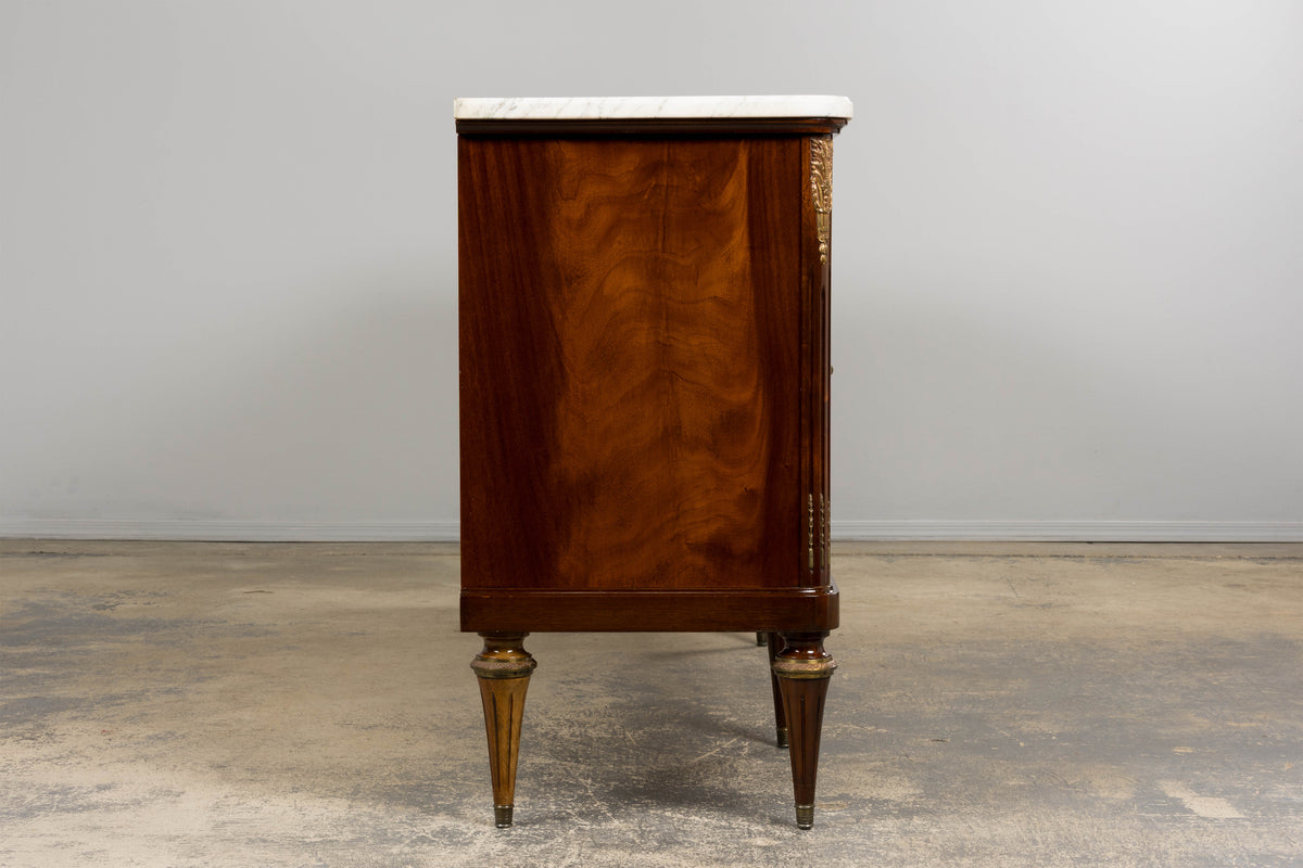 French Louis XVI Style Mahogany Sideboard Buffet W/ Carrara Marble