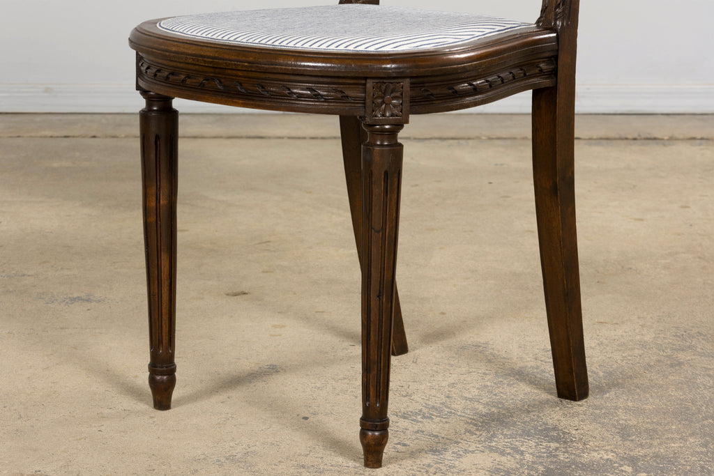 French Louis XVI Style Walnut Dining Chairs, Blue Striped Linen Upholstery – Set of 6