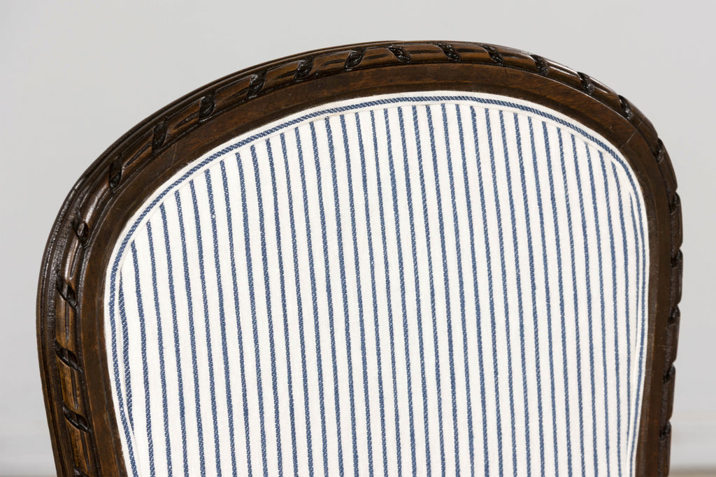 French Louis XVI Style Walnut Dining Chairs, Blue Striped Linen Upholstery – Set of 6