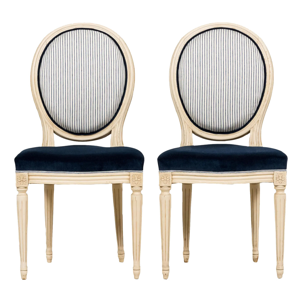 A Pair of Antique French Louis XVI Style Painted Side Chairs in Navy