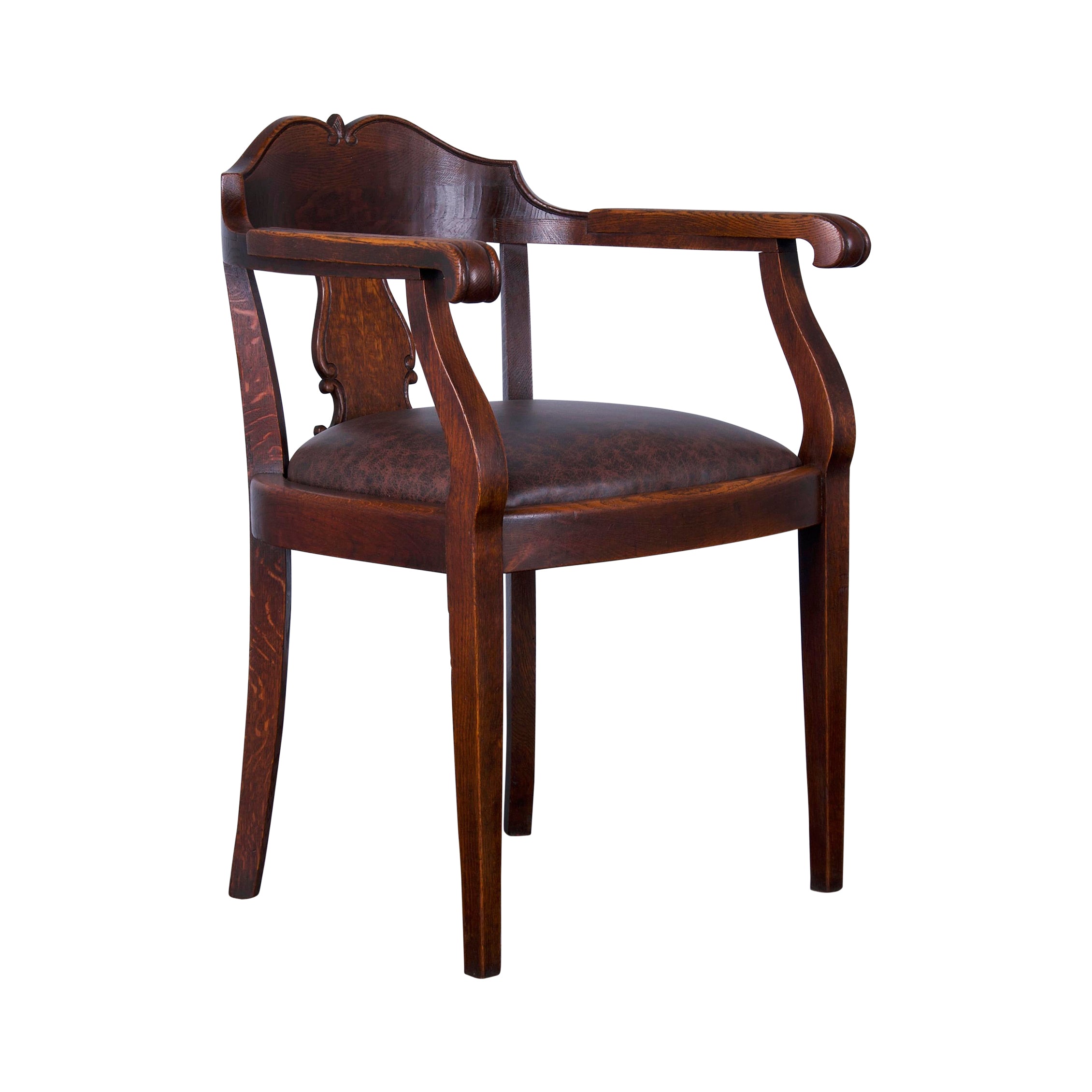 Antique Country French Oak Armchair W/ Brown Leather Seat